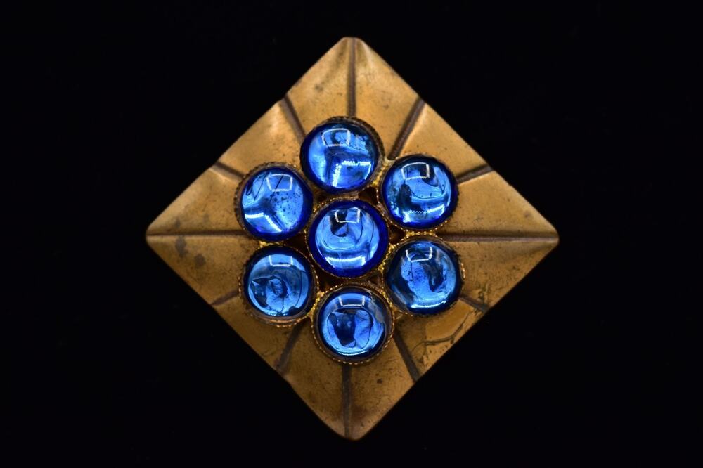 Vintage Cobalt Blue Cabochon Brooch Art Deco Geometric Brass Pin Chunky BinBI